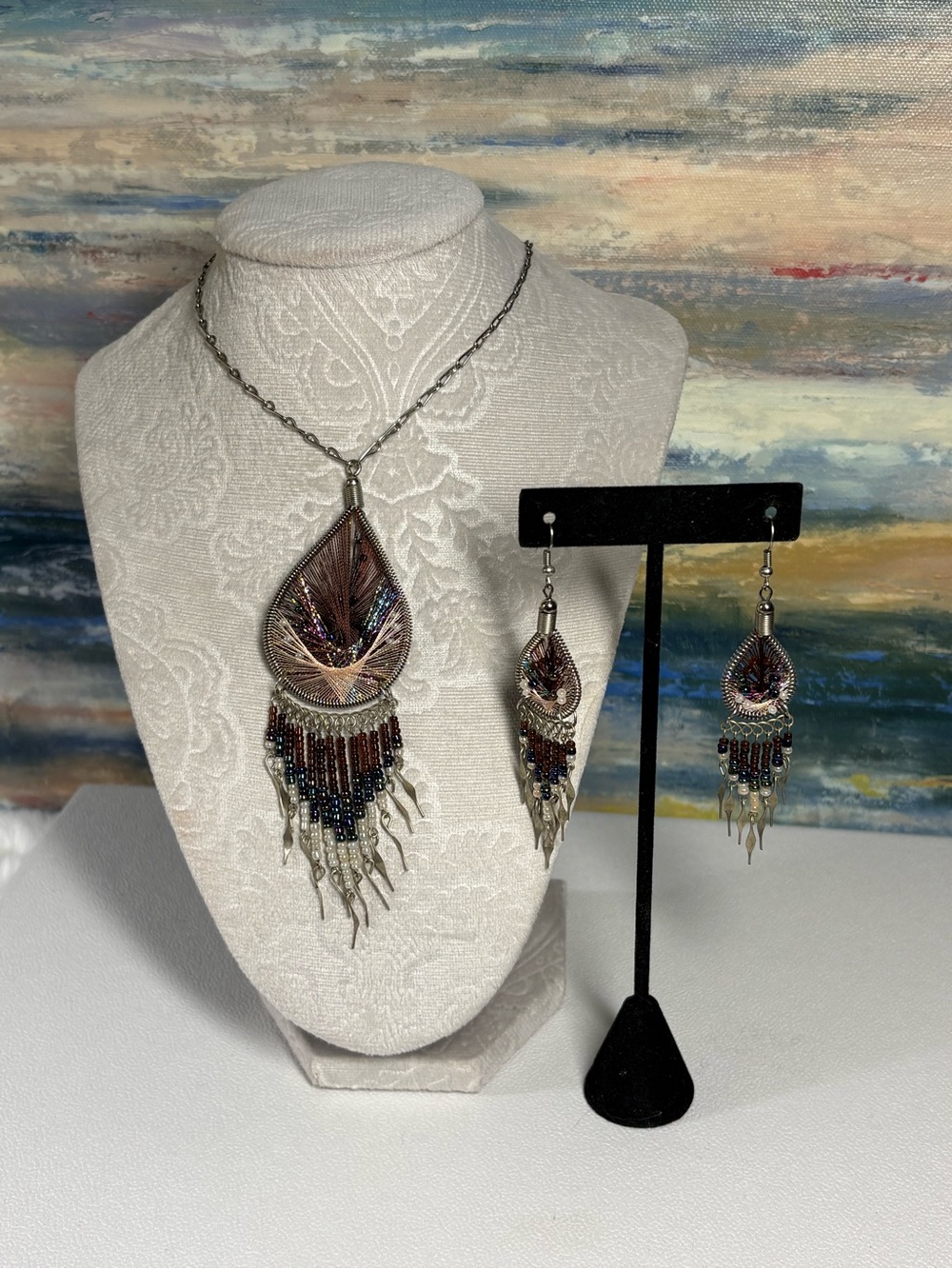 Source Unknown Iridescent Brown & Purple Beaded Fringe Necklace and Earring Set